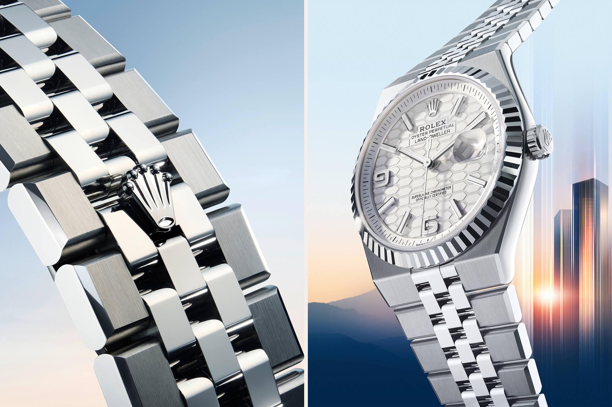 Rolex the land dweller flat jubilee bracelet m127334 0001 2501fj 005 and m127334 0001 2501fj 003 landscape
