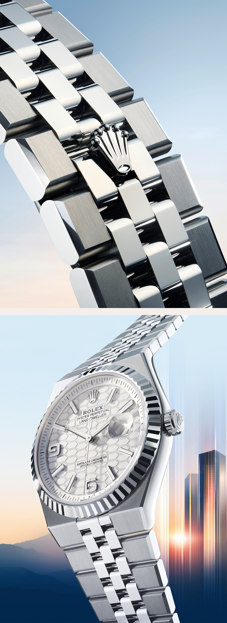 Rolex the land dweller flat jubilee bracelet m127334 0001 2501fj 005 and m127334 0001 2501fj 003 portrait